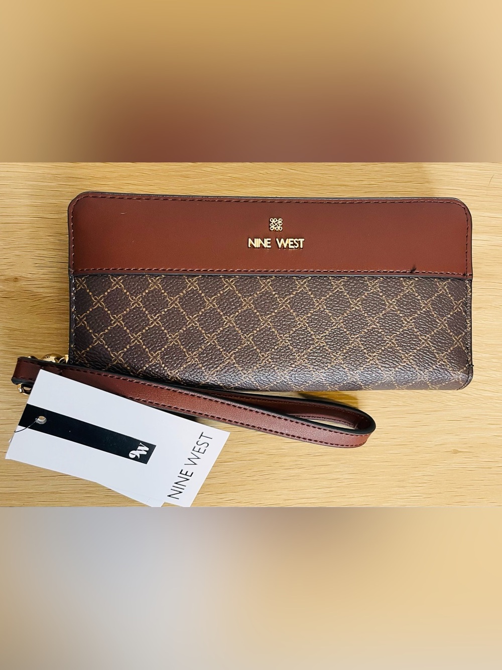 Nine West Brown Monogram Wristlet with Gold Logo